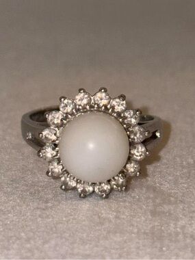 BD 925 Sterling Silver Faux Pearl CZ Halo Cocktail Ring Adjustable Size